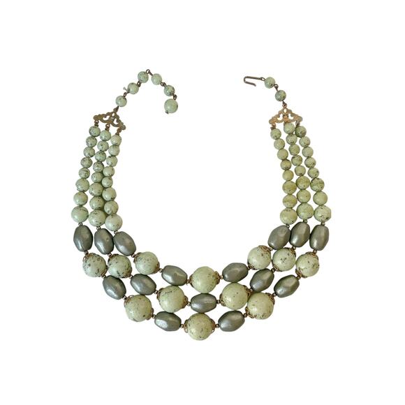 1960s Triple Strand Shades of Green Gold Specks Nugget & Round Beaded Necklace - Picture 2 of 6